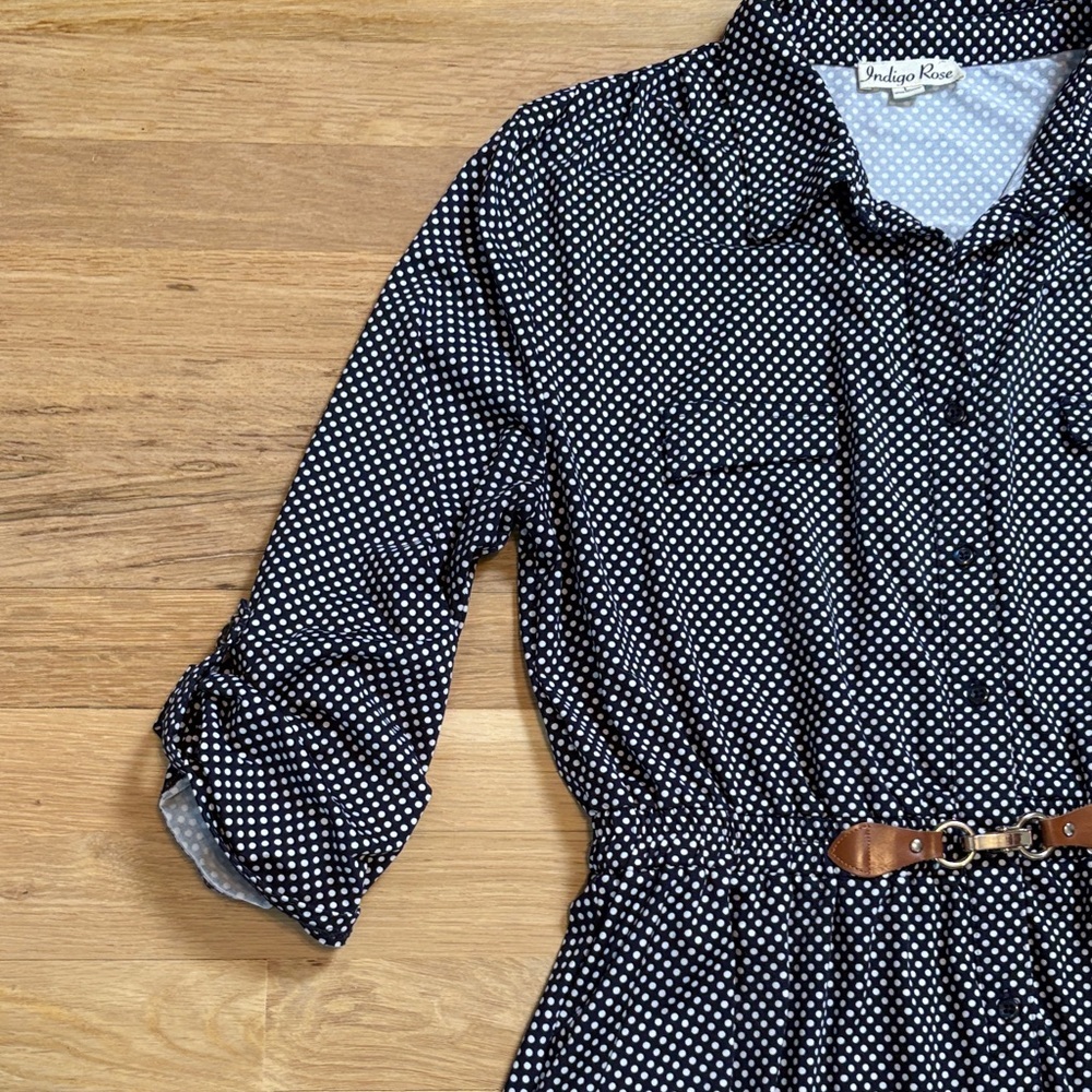 Indigo Rose Navy Polka Dot Midi Shirt Dress with Brown Belt Women’s L - Picture 6 of 16